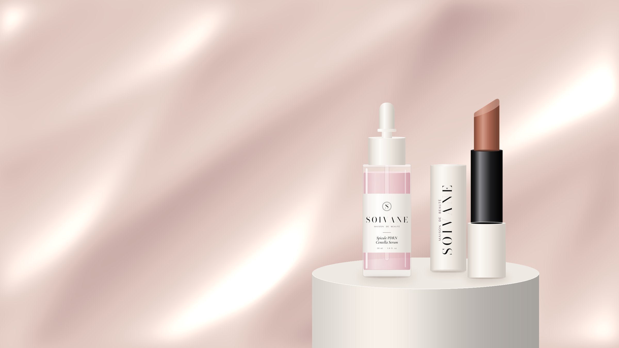 Soivane serum and lipstick on a porcelain podium against blush silk
