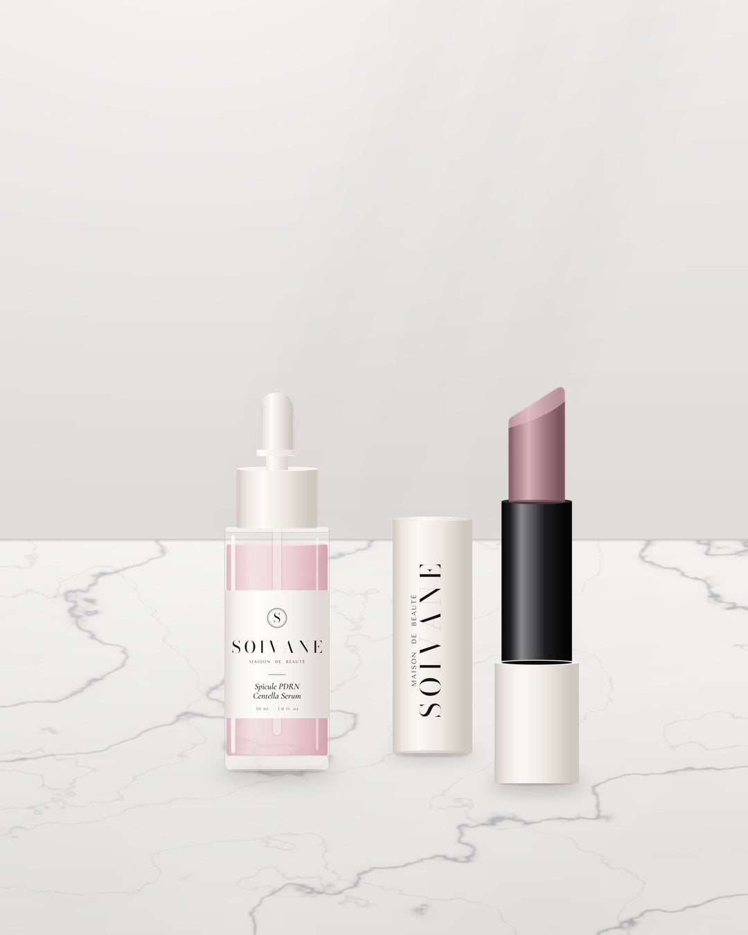 Soivane serum and lipstick on white marble