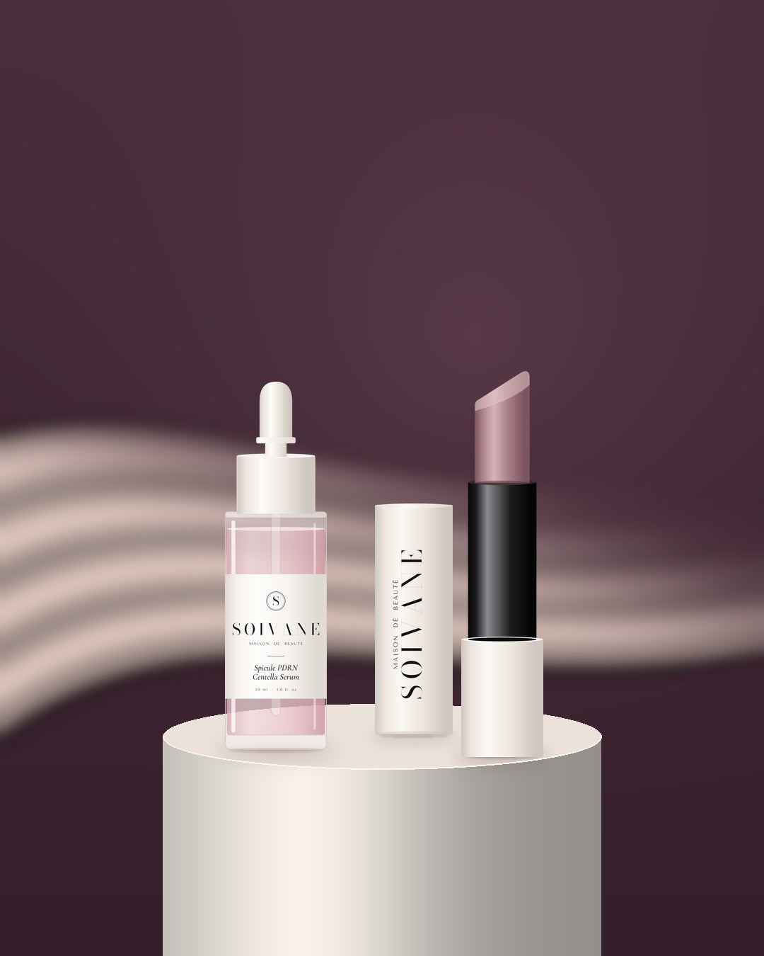 Soivane serum and lipstick on a podium